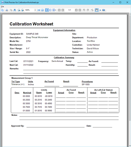 Calibration Worksheet