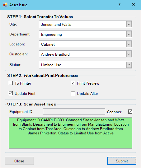 Asset Issue Dialog