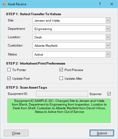 Asset Receive Dialog