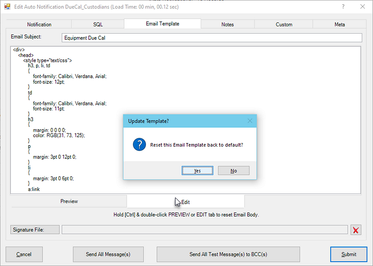 Auto Notify HTML Template Edit Reset