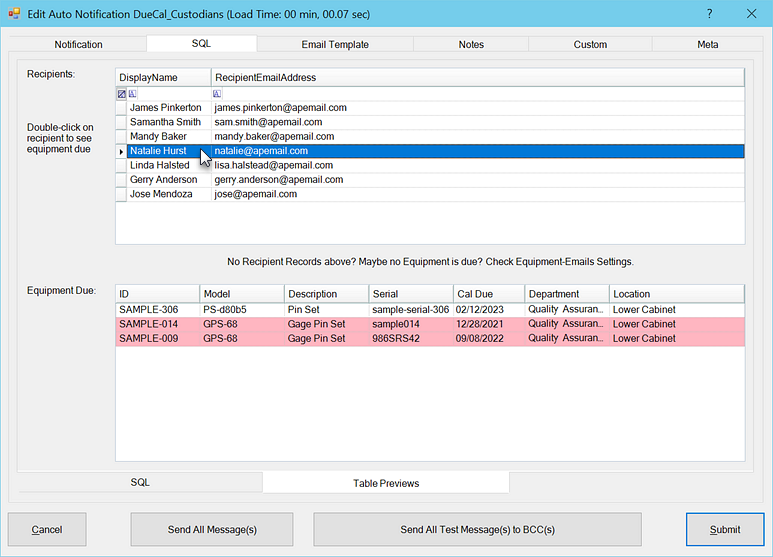 Auto Notify Grid SQL Table Previews
