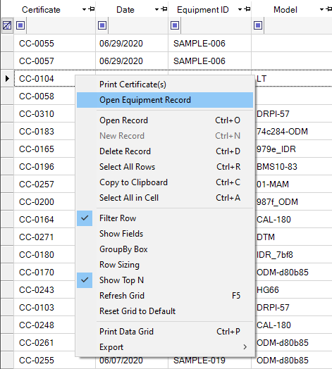 Calibration History Context Menu