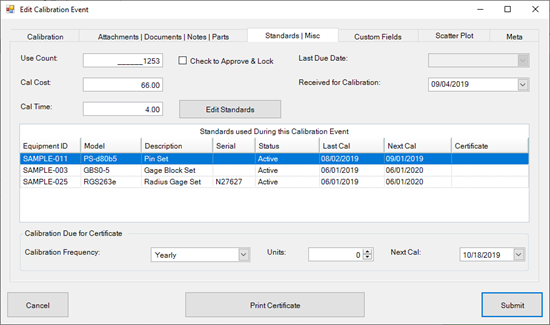 Calibration Event Standards Tab