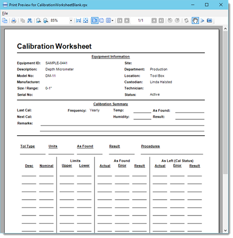 Calibration Worksheet - Blank