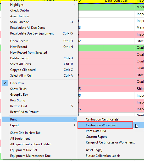 Using Calibration Worksheets Calibration Control