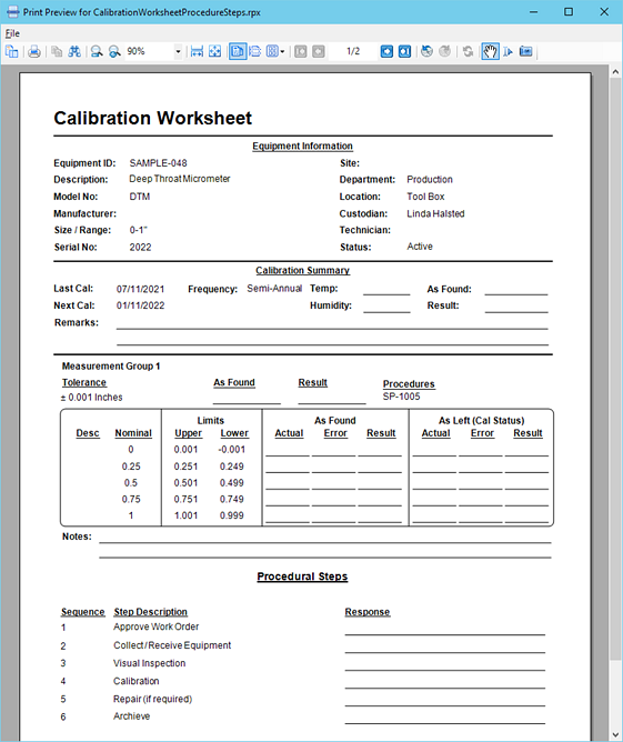 Using Calibration Worksheets Calibration Control