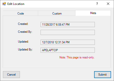 Codes Table Meta Tab