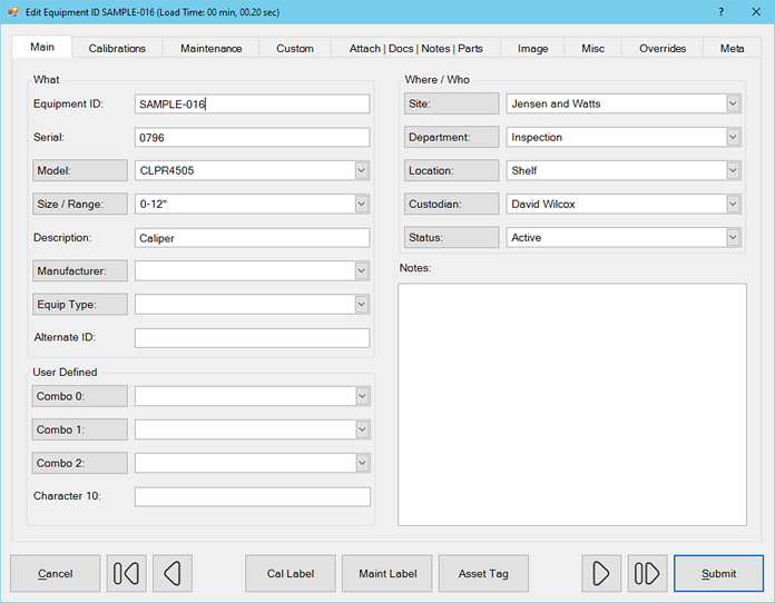 Edit Equipment tab