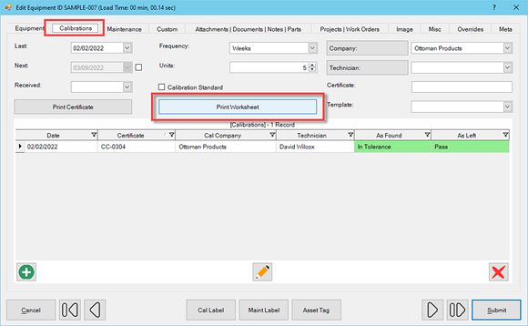 Equipment Print Calibration Worksheet