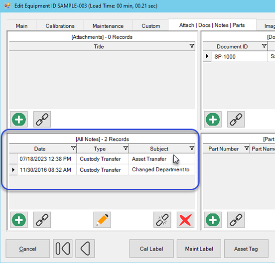 Edit Equipment Notes Tab