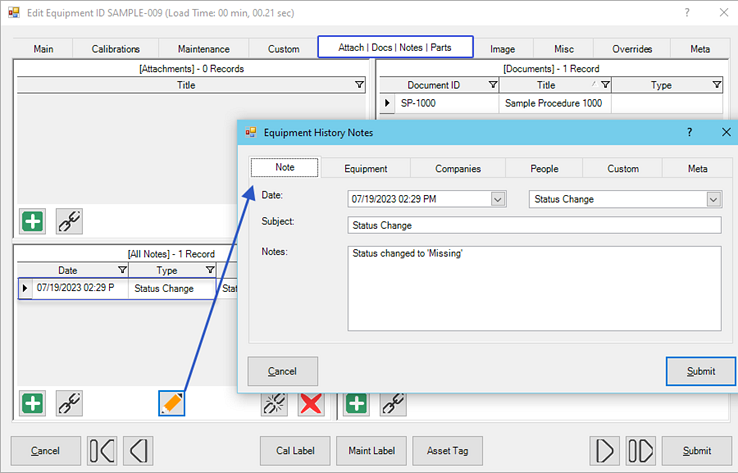 Status Change Note in Equipment Dialog Notes Change History