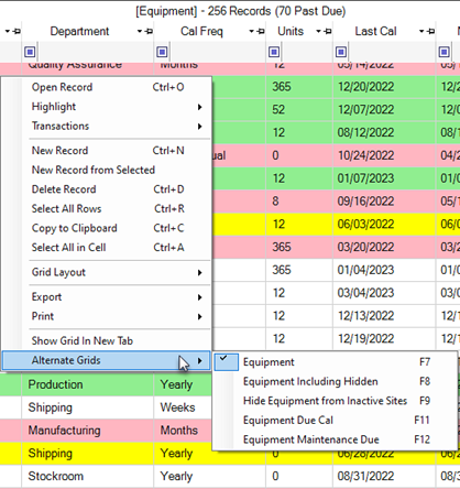 equipment alternate grid context menu