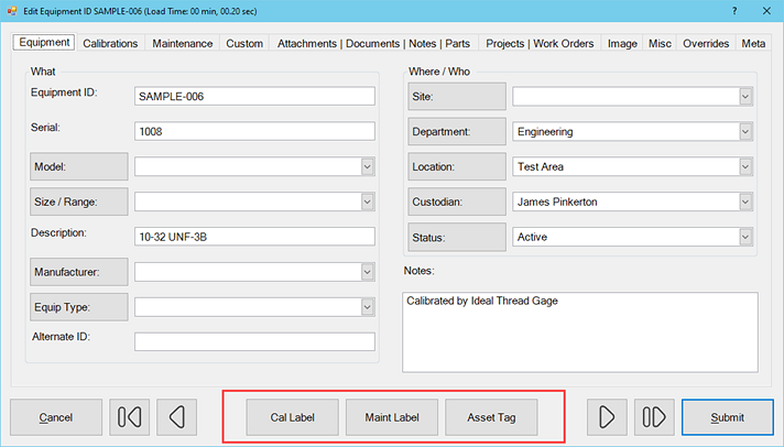 Edit Equipment Dialog Print Labels Buttons