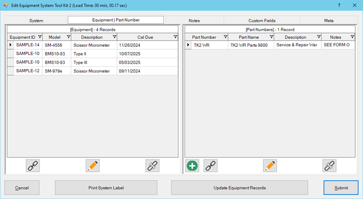 Equipment and Part Numbers Tab of Equipment System Dialog