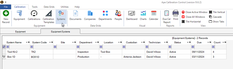 Equipment Systems Grid and Ribbon Menu