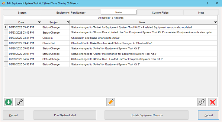 Notes Tab of System Dialog