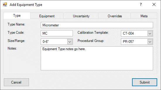 Equipment Type Dialog