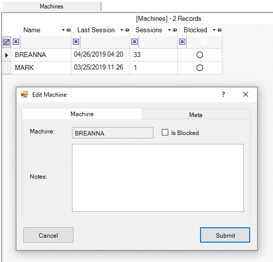 Machines Grid and Dialog