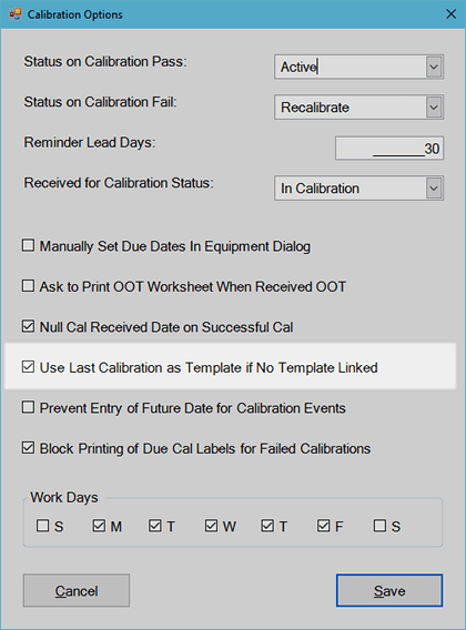 Calibrations Tab in Program Options