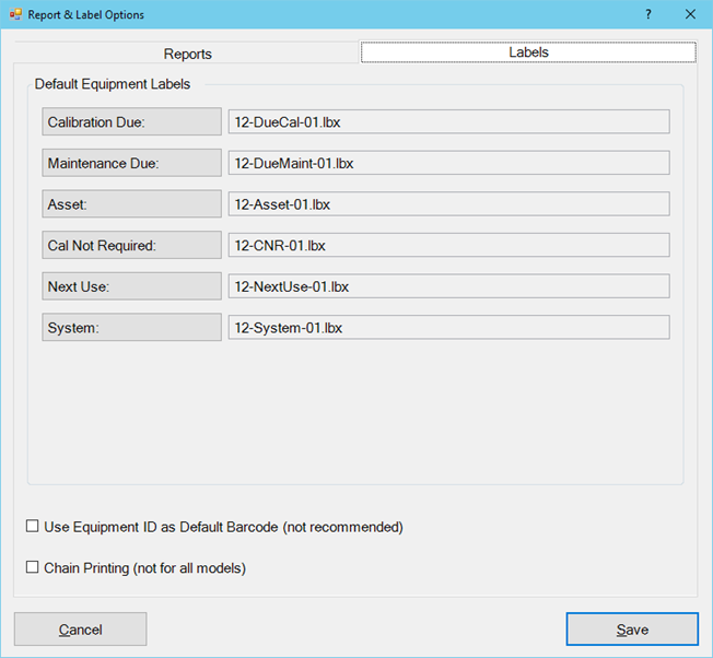 Labels and Reports Tab