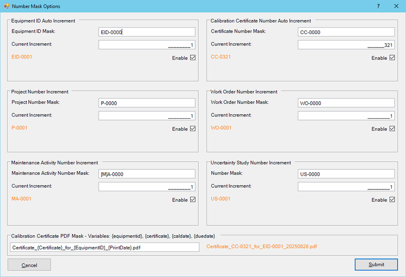 Number Mask Options Sections