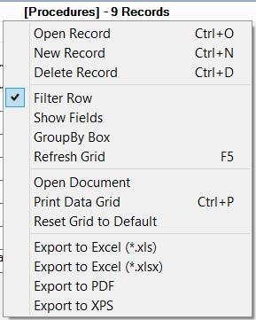 Procedures Popup Menu