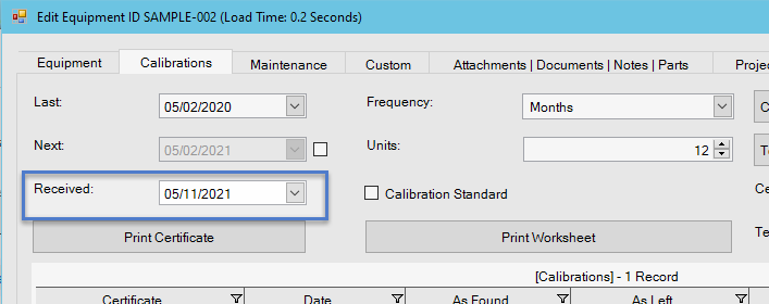 Received for Calibration Date