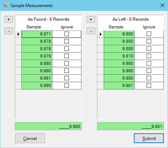 Calibration Event Sample Measurements