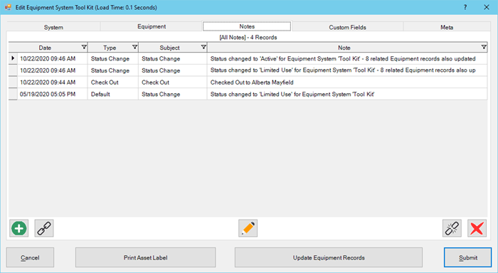 Notes Tab of System Dialog
